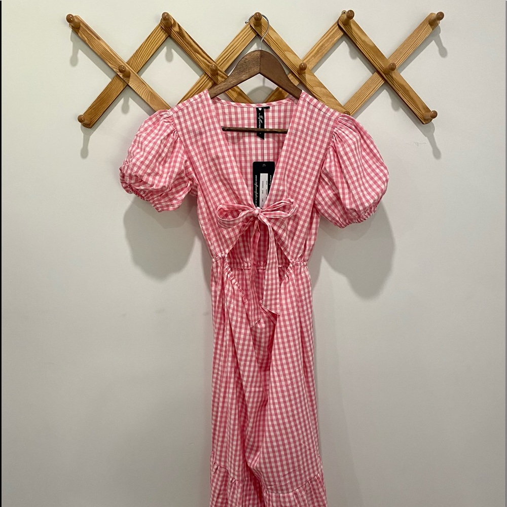 Puffed sleeve, open cut, front tie, farmhouse midi dress